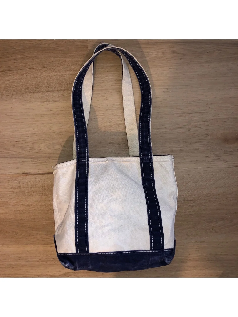 VINTAGE LL BEAN BOAT & TOTE WHITE CREAM NAVY BLUE CANVAS BAG SMALL LONG HANDLES